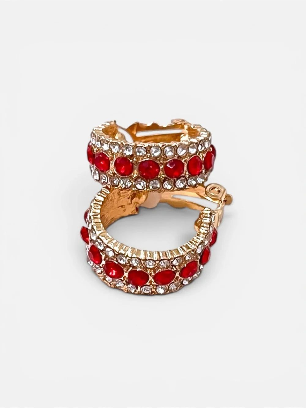 Gold Tone Clip On Hoop Earrings with Red Crystal Accents